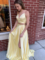 Two Pieces Long A-line V-neck Satin Formal Graduation Evening Prom Dresses with Slit by BIZTUNNEL