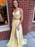Two Pieces Long A-line V-neck Satin Formal Graduation Evening Prom Dresses with Slit by BIZTUNNEL
