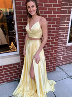 Two Pieces Long A-line V-neck Satin Formal Graduation Evening Prom Dresses with Slit by BIZTUNNEL