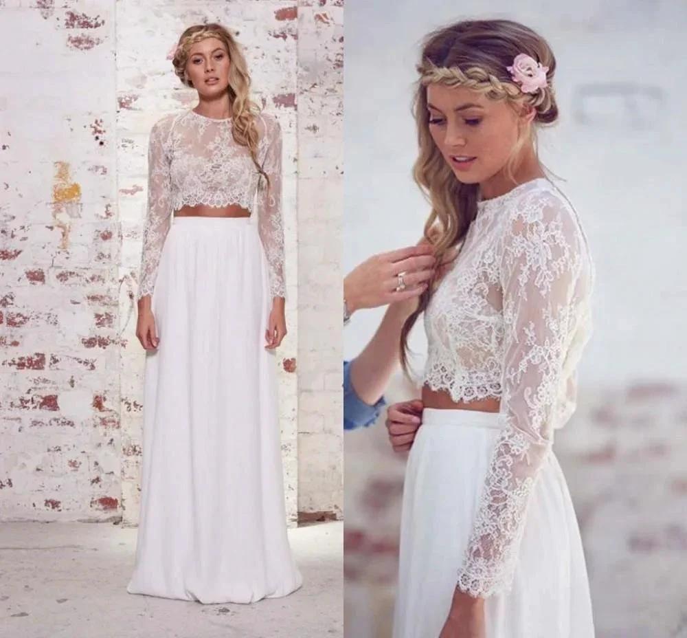 Two Pieces Long Sleeves Lace White Beach Wedding Bridal Dresses WD383 by pgmdress