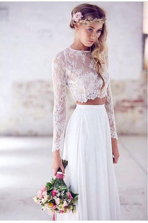 Two Pieces Long Sleeves Lace White Beach Wedding Bridal Dresses WD383 by pgmdress