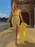 Two Pieces Mermaid Off Shoulder Satin Long Prom Dresses with Slit Yellow Formal Evening Gowns by BIZTUNNEL
