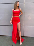 Two Pieces Mermaid Spaghetti Straps Backless Red Long Prom Dresses with Slit by BIZTUNNEL