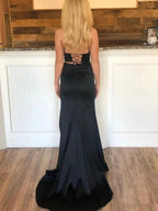Two Pieces Mermaid V Neck Satin Black Long Prom Dresses with High Slit by BIZTUNNEL