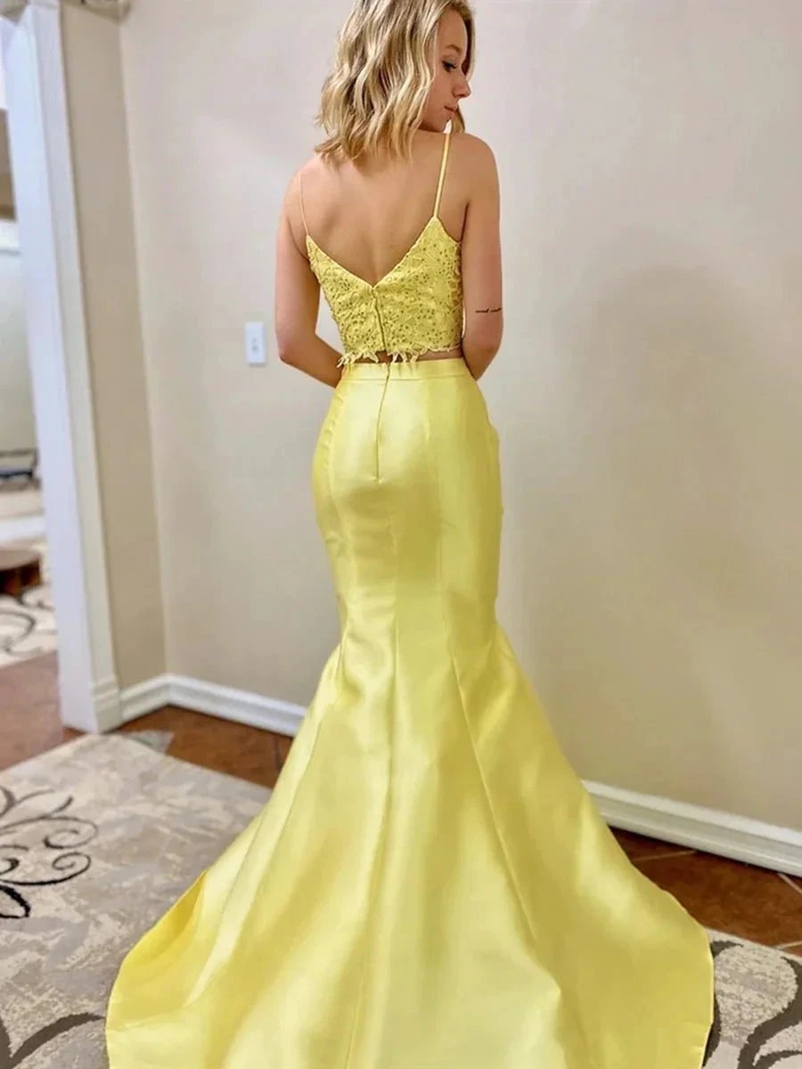 Two Pieces Mermaid V Neck Satin Lace Long Yellow Prom Dresses by BIZTUNNEL
