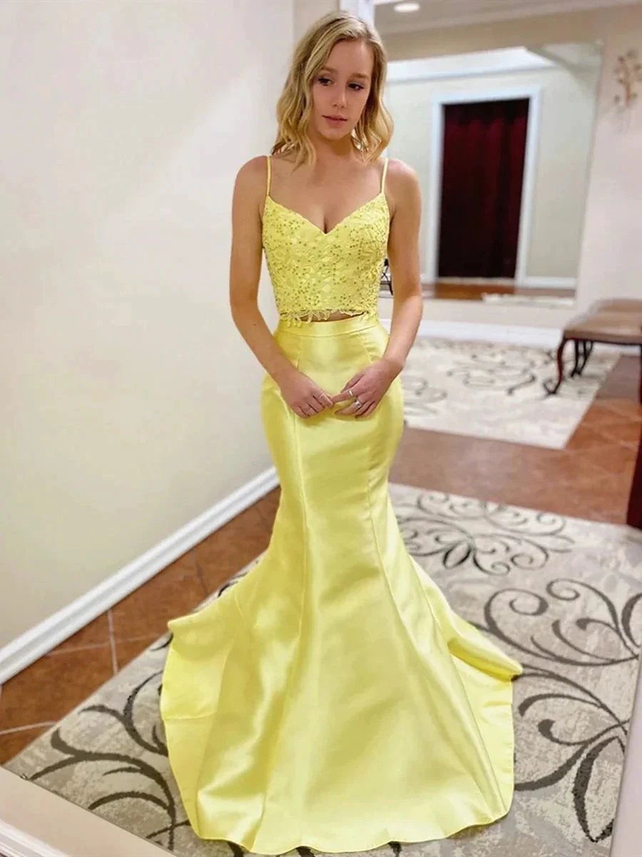 Two Pieces Mermaid V Neck Satin Lace Long Yellow Prom Dresses by BIZTUNNEL