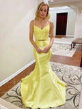 Two Pieces Mermaid V Neck Satin Lace Long Yellow Prom Dresses by BIZTUNNEL