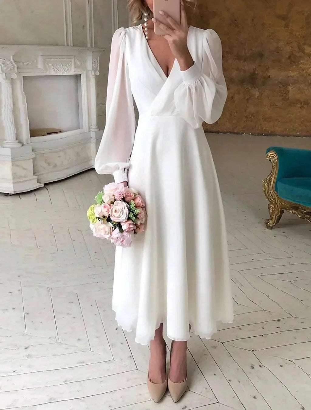 Reception Little White Dresses Wedding Dresses A-Line V Neck Long Sleeve Ankle Length Chiffon Bridal Gowns With Solid Color by Aabei