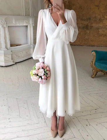 Vestidos de novia blancos cortos de recepción, vestidos de novia de corte A, cuello en V, manga larga, largo hasta los tobillos, vestidos de novia de gasa con color sólido