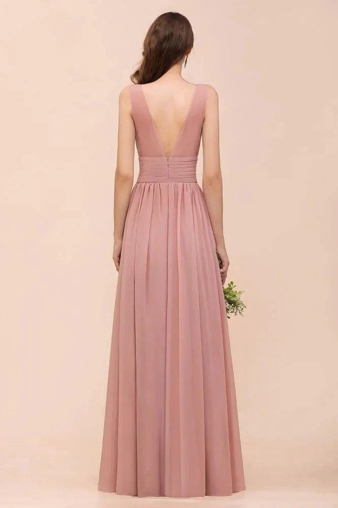 U-Neck High Waist Bridesmaid Dress Long Chiffon Formal Party Dress by misshow.com