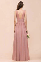 U-Neck High Waist Bridesmaid Dress Long Chiffon Formal Party Dress by misshow.com