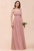 U-Neck High Waist Bridesmaid Dress Long Chiffon Formal Party Dress by misshow.com