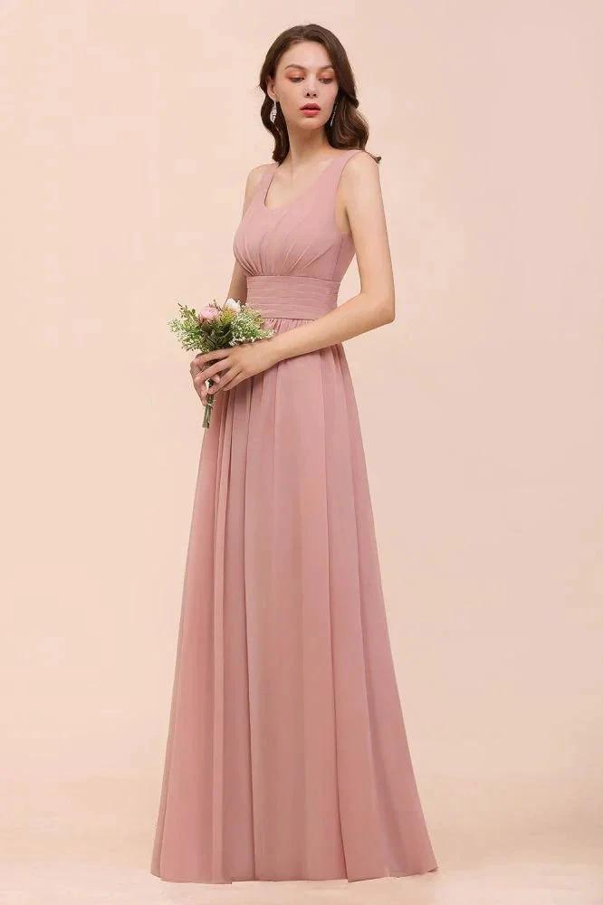 U-Neck High Waist Bridesmaid Dress Long Chiffon Formal Party Dress by misshow.com
