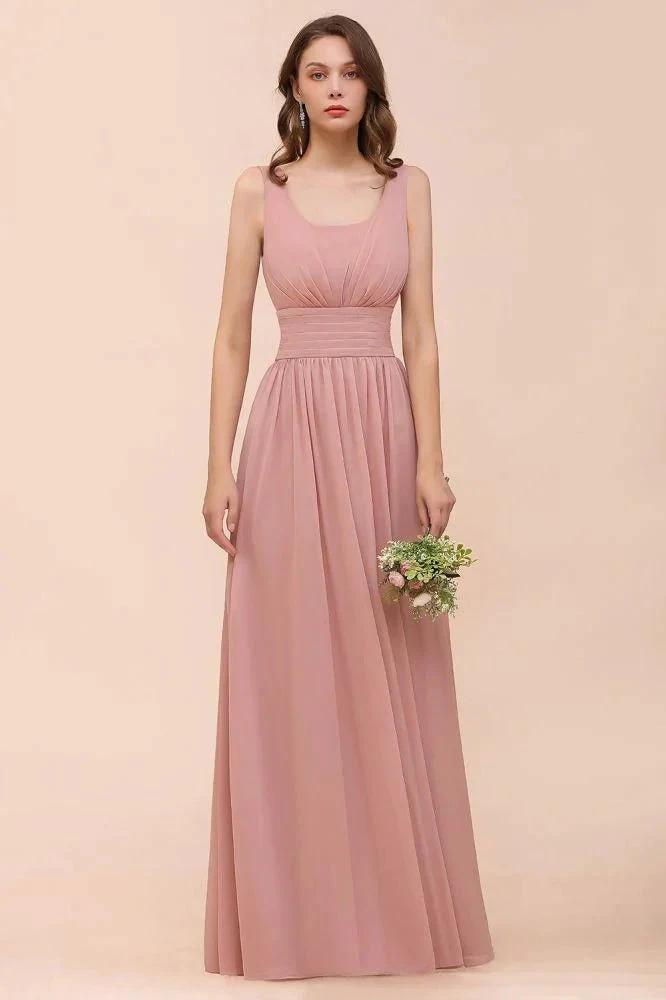 U-Neck High Waist Bridesmaid Dress Long Chiffon Formal Party Dress by misshow.com