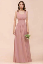 U-Neck High Waist Bridesmaid Dress Long Chiffon Formal Party Dress by misshow.com