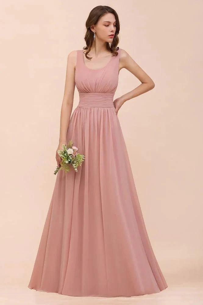 U-Neck High Waist Bridesmaid Dress Long Chiffon Formal Party Dress by misshow.com