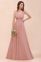 U-Neck High Waist Bridesmaid Dress Long Chiffon Formal Party Dress by misshow.com