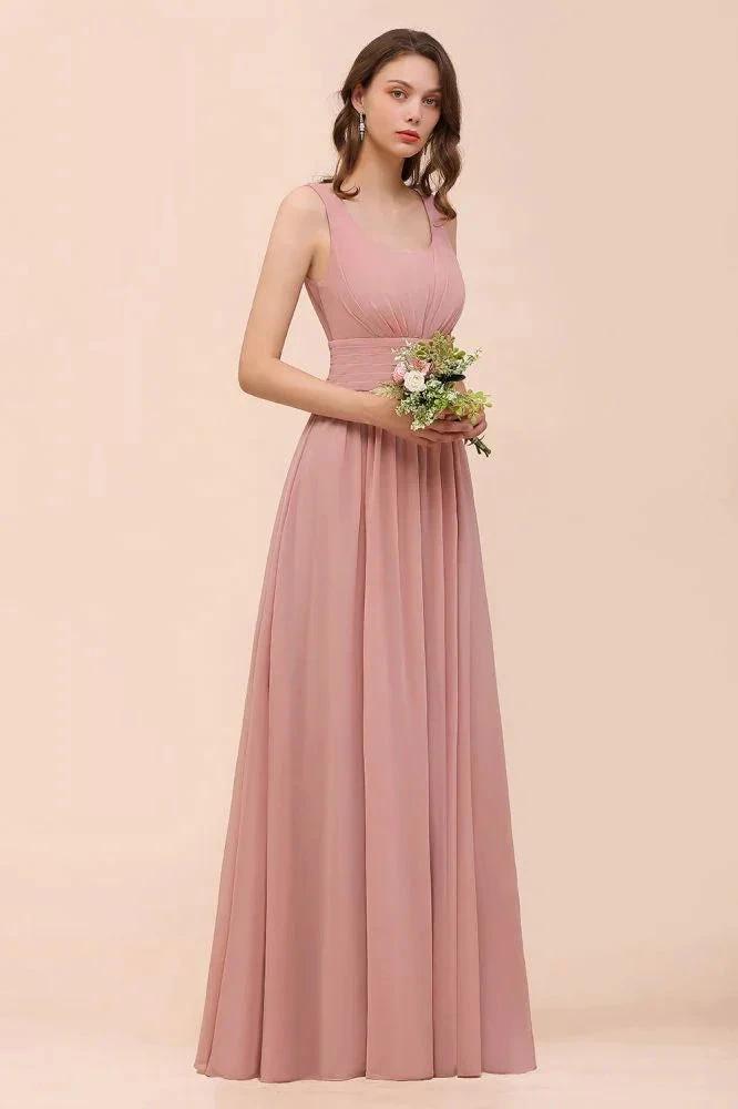 U-Neck High Waist Bridesmaid Dress Long Chiffon Formal Party Dress by misshow.com