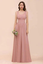 U-Neck High Waist Bridesmaid Dress Long Chiffon Formal Party Dress by misshow.com