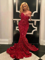 Ulissa| Red Mermaid Sweetheart Neck Sequins Long Prom Dresses by KissProm