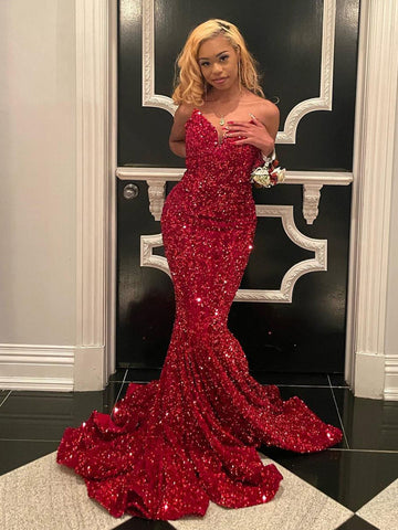 Ulissa| Red Mermaid Sweetheart Neck Sequins Long Prom Dresses