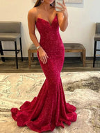 Ulissa| Red Mermaid Sweetheart Neck Sequins Long Prom Dresses by KissProm