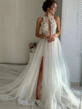 Unique A-line High Neck Lace Tulle Long Wedding Dresses with Slit by BIZTUNNEL
