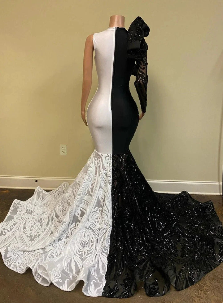 Unique Bicolor V-neck One Shoulder Long Sleeve Column Mermaid Prom Dresses by misshow.com