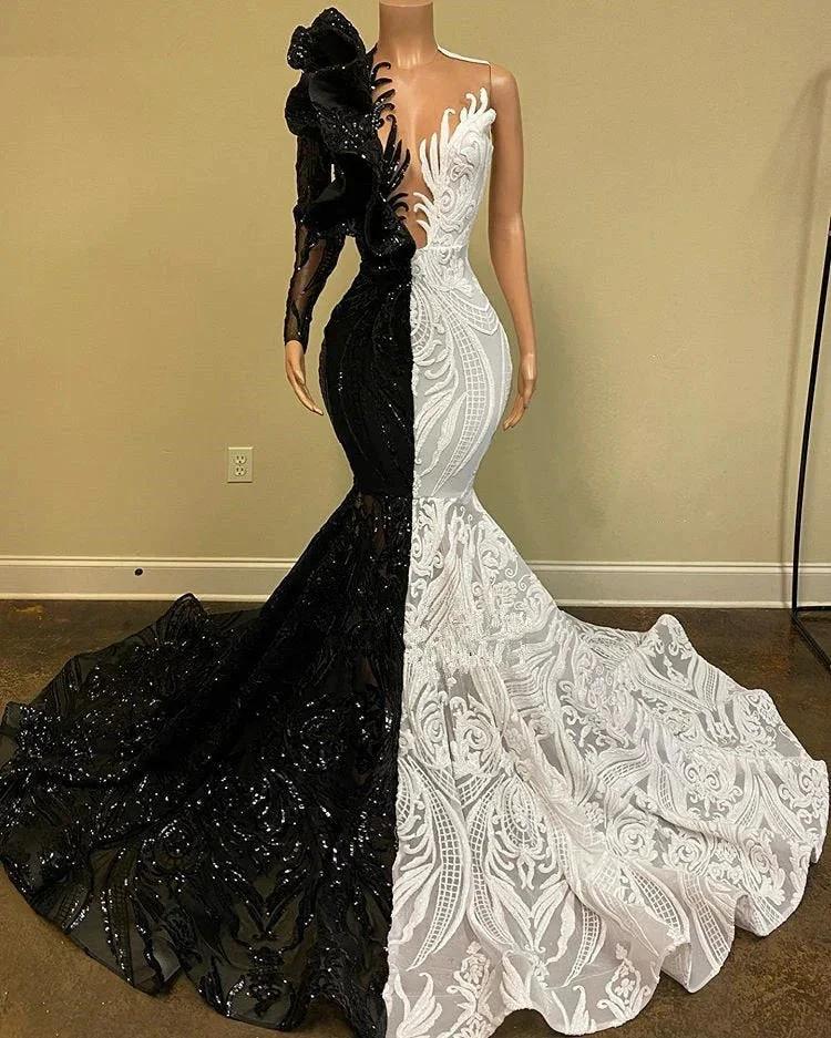 Unique Bicolor V-neck One Shoulder Long Sleeve Column Mermaid Prom Dresses by misshow.com