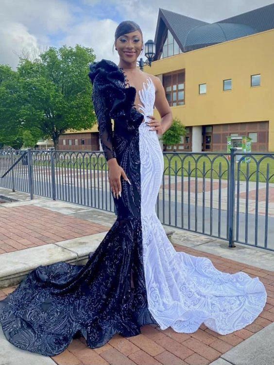 Unique Bicolor V-neck One Shoulder Long Sleeve Column Mermaid Prom Dresses by misshow.com