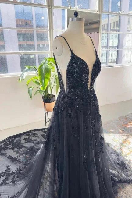 Unique black spaghetti straps sleeveless a-line lace sequined Wedding Dress by misshow.com