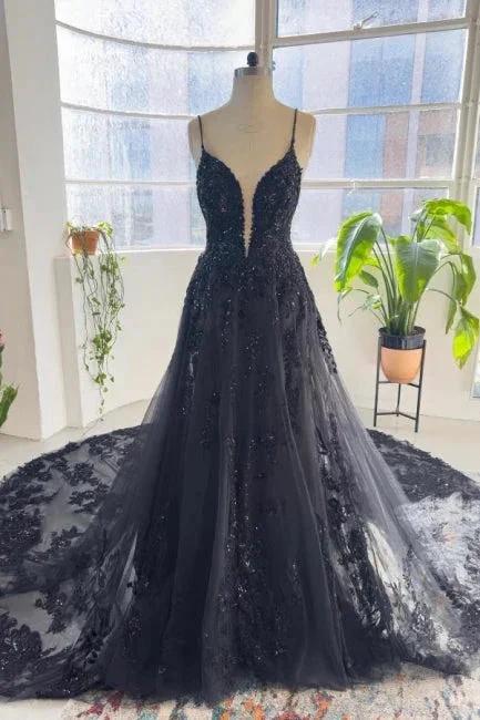 Unique black spaghetti straps sleeveless a-line lace sequined Wedding Dress by misshow.com