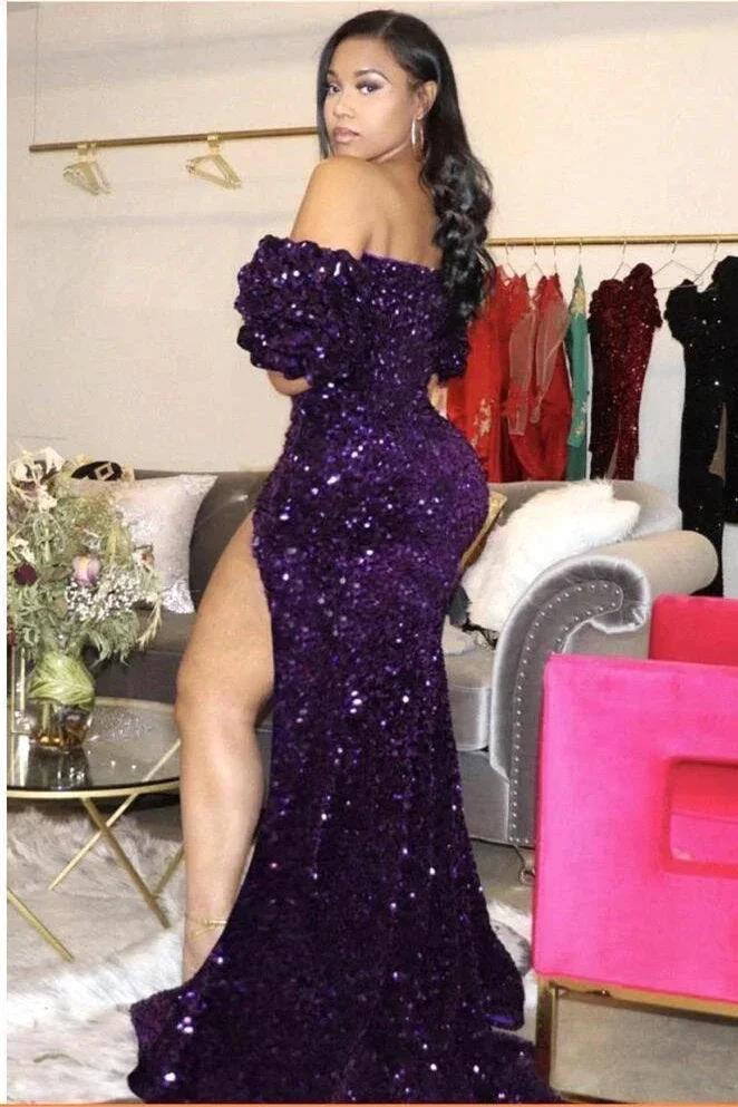 Unique Black V-neck Off-the-Shoulder Sequins Asymmetrical Column Prom Dresses by misshow.com