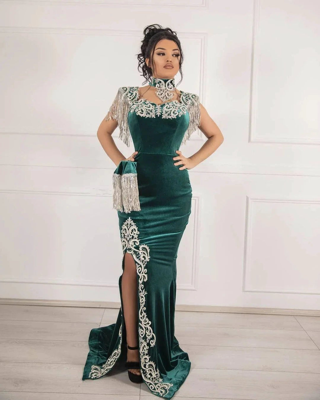 Unique Green Long Mermaid Velvet Prom Dresses with Slit by BIZTUNNEL