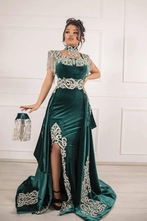 Unique Green Long Mermaid Velvet Prom Dresses with Slit by BIZTUNNEL