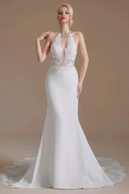 Unique Halter Sleeveless Mermaid Floor-Length Satin Wedding Dresses with Pattern by misshow.com