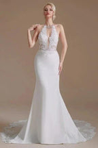 Unique Halter Sleeveless Mermaid Floor-Length Satin Wedding Dresses with Pattern by misshow.com