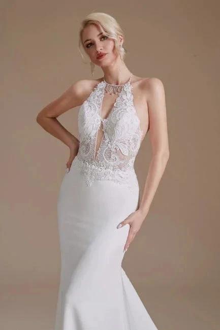 Unique Halter Sleeveless Mermaid Floor-Length Satin Wedding Dresses with Pattern by misshow.com