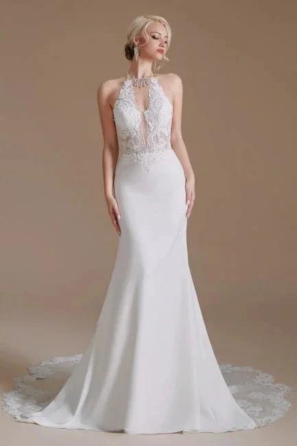 Unique Halter Sleeveless Mermaid Floor-Length Satin Wedding Dresses with Pattern by misshow.com