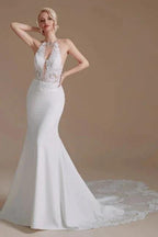 Unique Halter Sleeveless Mermaid Floor-Length Satin Wedding Dresses with Pattern by misshow.com