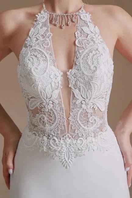 Unique Halter Sleeveless Mermaid Floor-Length Satin Wedding Dresses with Pattern by misshow.com