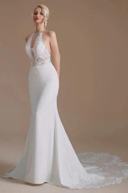 Unique Halter Sleeveless Mermaid Floor-Length Satin Wedding Dresses with Pattern by misshow.com