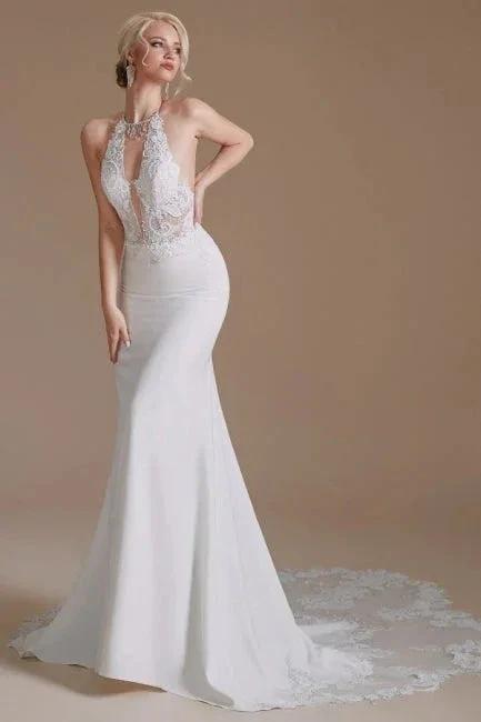 Unique Halter Sleeveless Mermaid Floor-Length Satin Wedding Dresses with Pattern by misshow.com
