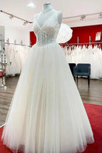 Unique Ivory Long Princess V-neck Tulle Lace Wedding Dress by BIZTUNNEL