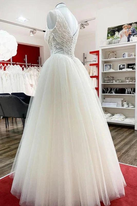 Unique Ivory Long Princess V-neck Tulle Lace Wedding Dress by BIZTUNNEL