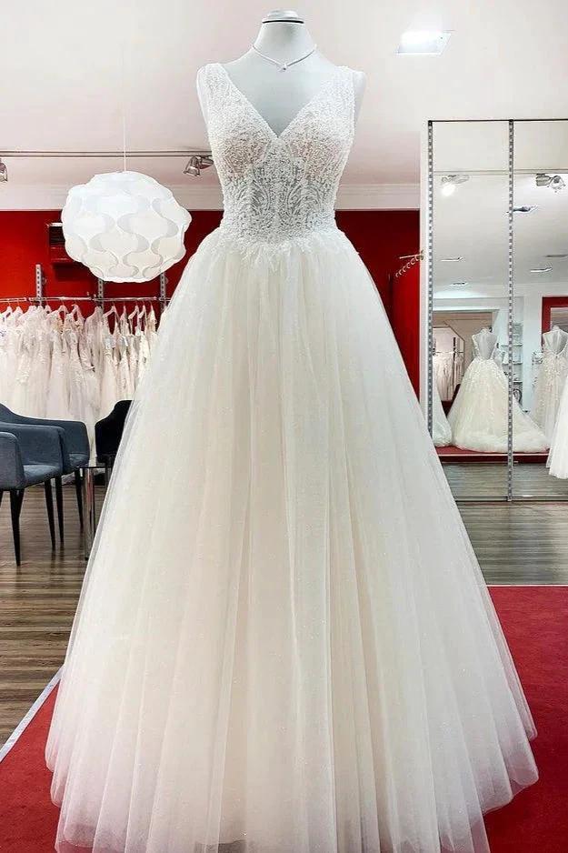 Unique Ivory Long Princess V-neck Tulle Lace Wedding Dress by BIZTUNNEL