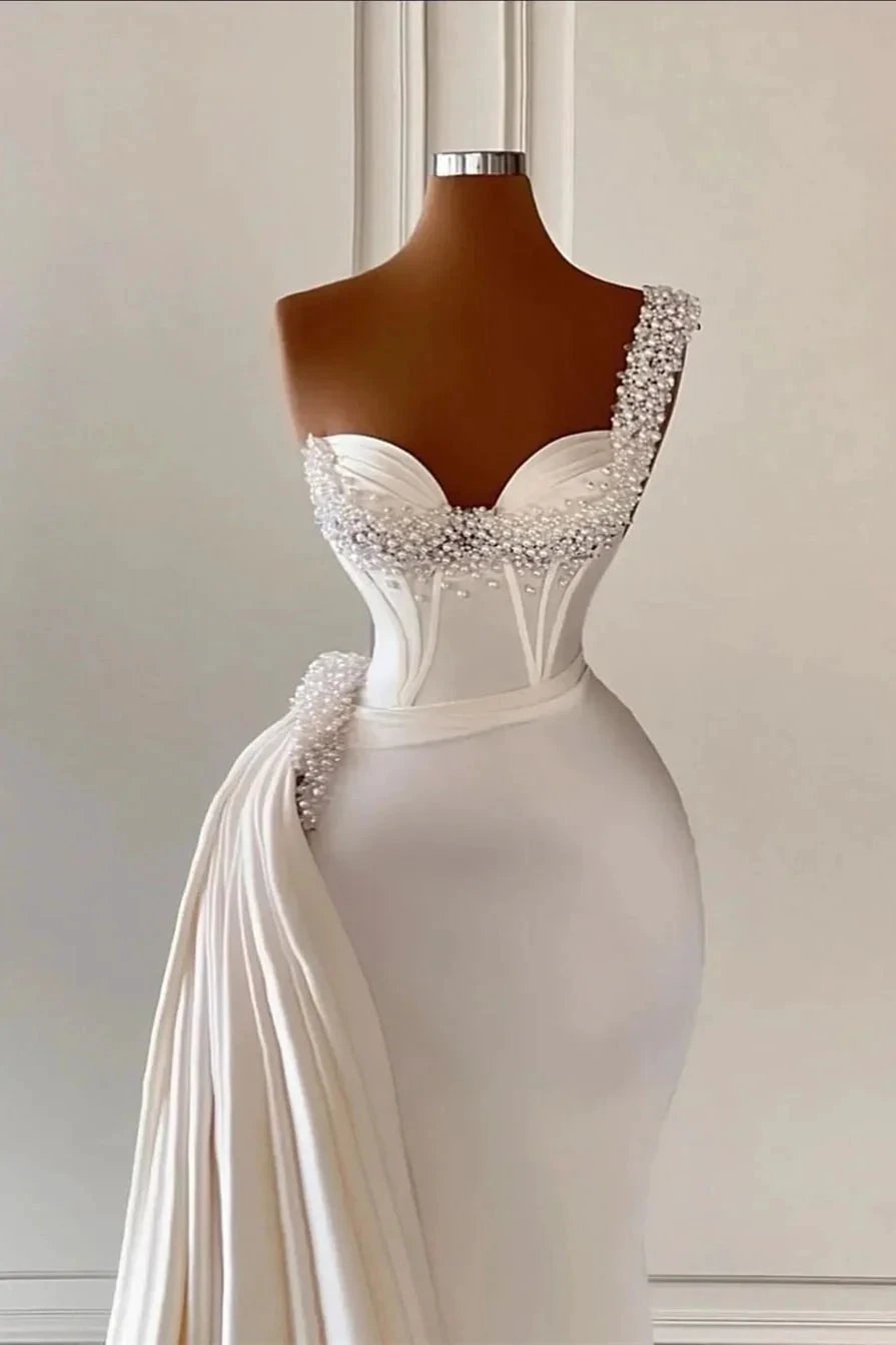 Unique Ivory One-Shoulder Sweetheart Sleeveless A-line Wedding Dresses With Beads by misshow.com