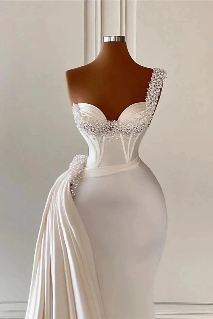 Unique Ivory One-Shoulder Sweetheart Sleeveless A-line Wedding Dresses With Beads by misshow.com