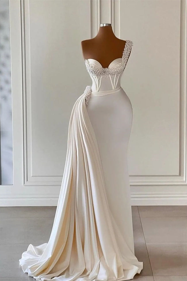 Unique Ivory One-Shoulder Sweetheart Sleeveless A-line Wedding Dresses With Beads Hover Image
