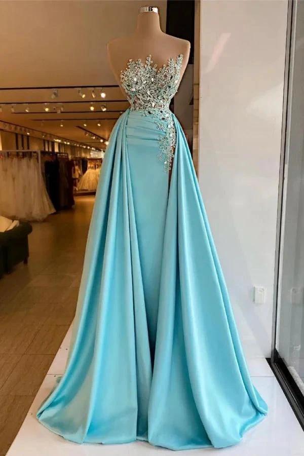 Unique Long A-line Bateau Appliques Crystal Ruffles Prom Dress by BIZTUNNEL